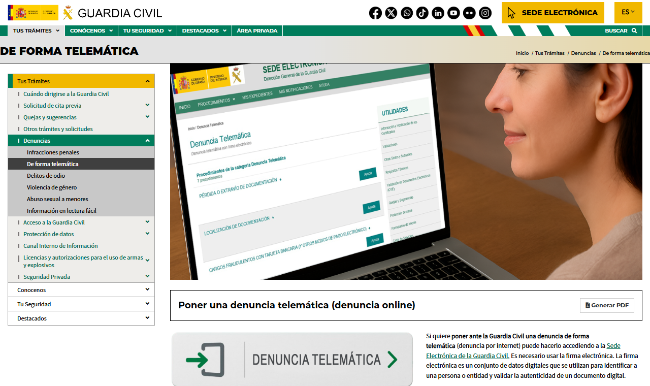 La página de denuncia electrónica de la Guardia Civil, para fraude y cargos no autorizados por medios electrónicos