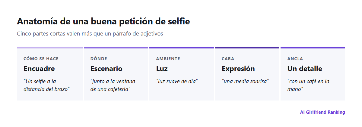 Anatomía de una petición de selfie de IA: encuadre, escenario, luz, expresión y un detalle, con un ejemplo de cada uno