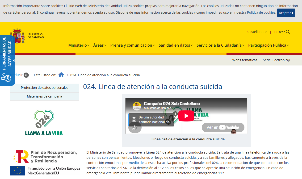 Página de la línea 024 de atención a la conducta suicida del Ministerio de Sanidad