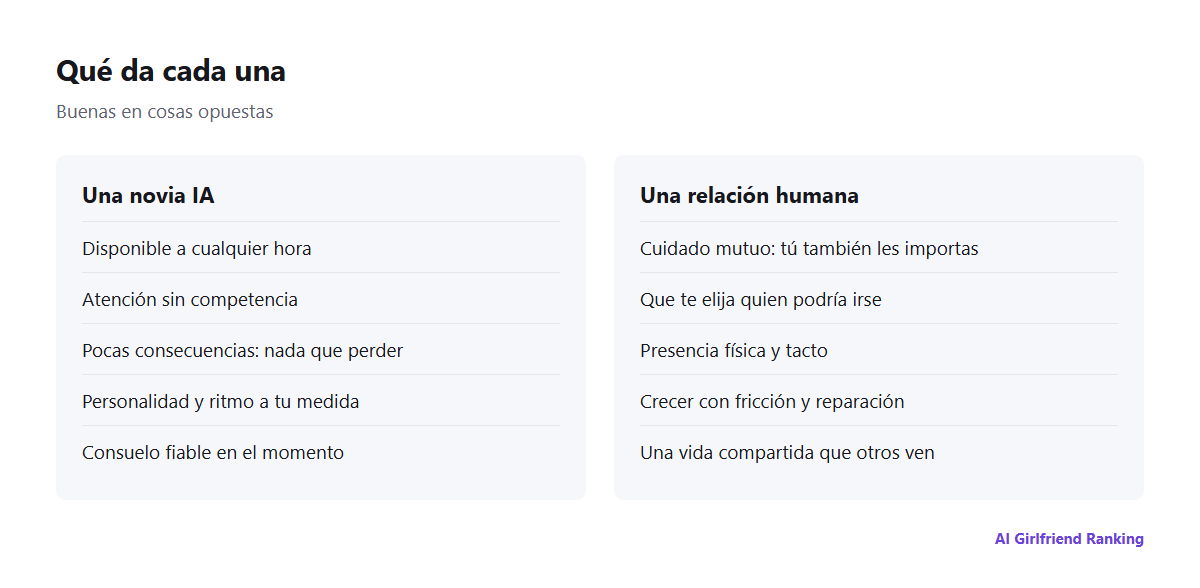 Comparación lado a lado de lo que ofrece una novia IA y de lo que ofrece una relación humana