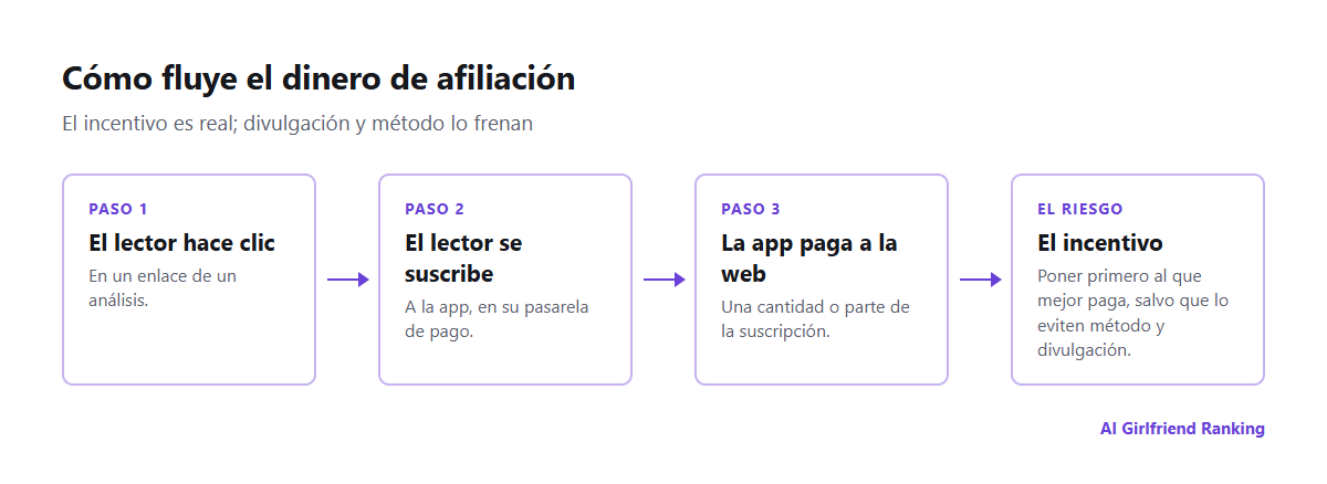 Cómo fluye el dinero de afiliación desde la suscripción de un lector, a través de la app, hasta la web de análisis, y dónde aparece el incentivo para sesgar un análisis
