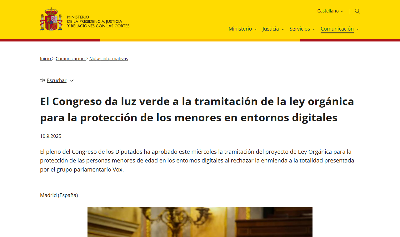 Página del Ministerio de la Presidencia sobre la tramitación del proyecto de ley orgánica de protección de menores en los entornos digitales